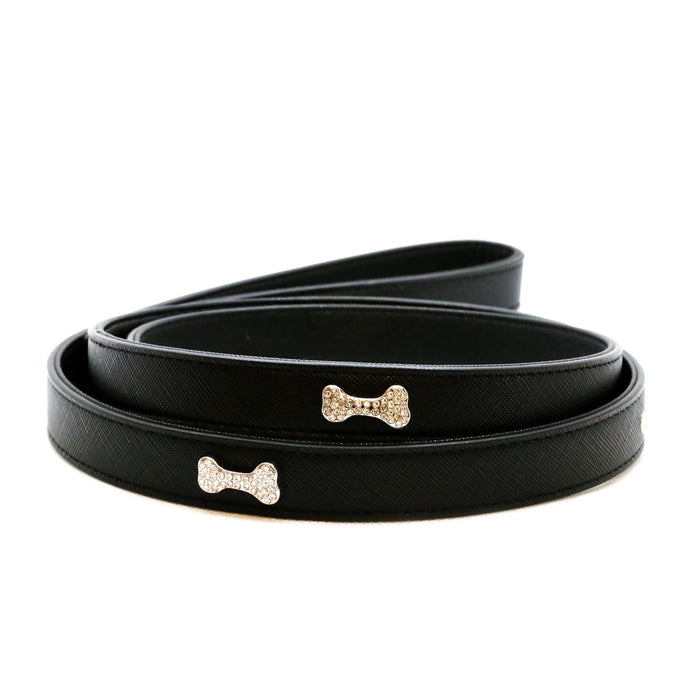 VP Pets Designer Diamond and Bone Leatherette Leash - Black - Vanderpump Pets